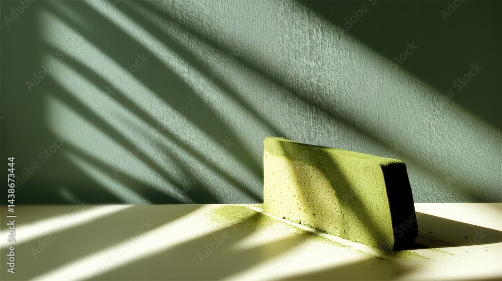 Poster minimalist matcha cake slice rests on a white surface with abstract shadow play in soft green light 