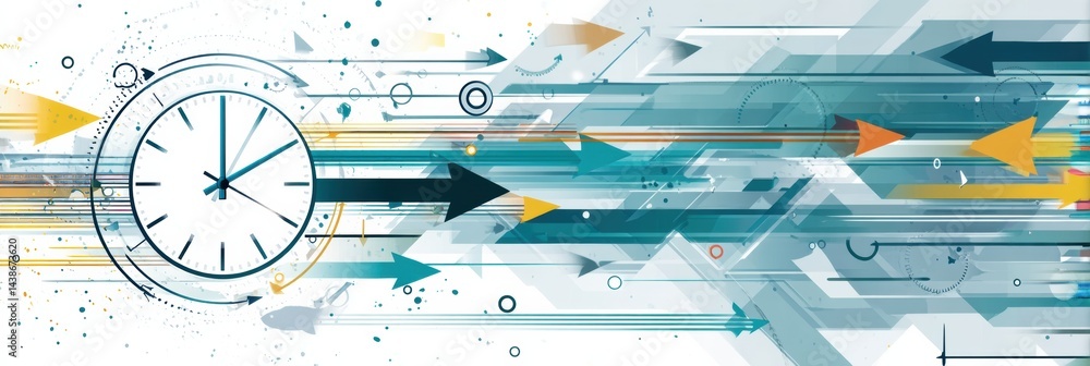 Poster concept of productivity illustrated with a clock and arrows indicating progress and motion in a vibr