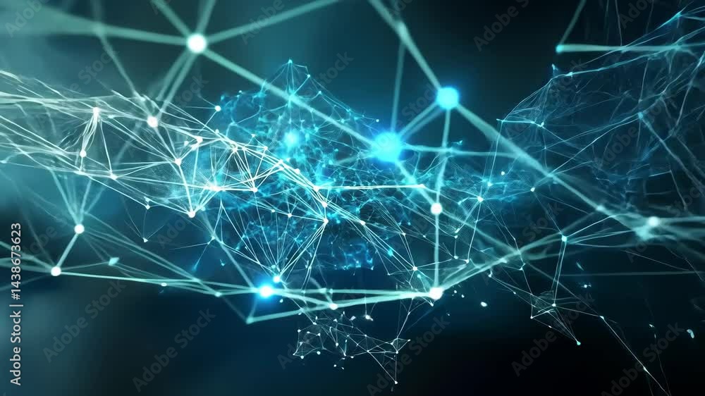 Poster dynamic digital network transforming with glowing connections and moving data streams