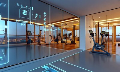 Futuristic fitness center interior with interactive floor technology - Powered by Adobe