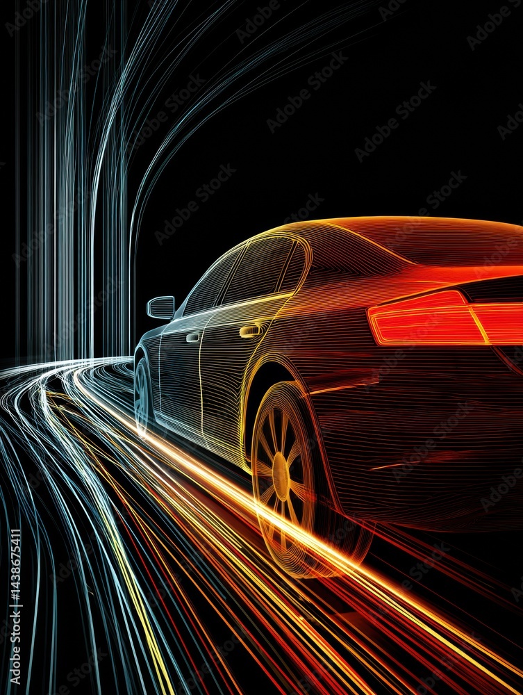 Poster self-driving car with lidar overlay showcases futuristic design and technology while navigating a ne