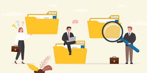 Business people working with paper documents, file folders. Document, content or research paper, documentation, file folder storage, report or paperwork, searching data,
