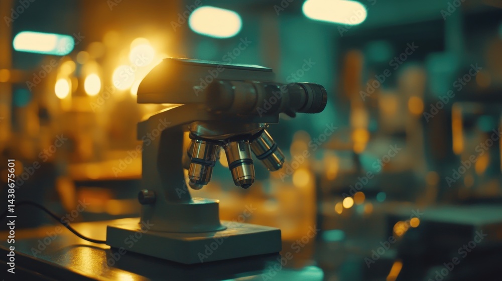 Poster a close-up view of a microscope in a dimly lit laboratory, with glassware and equipment in the backg