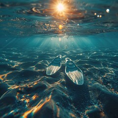 A high-definition close-up of snorkeling fins in shallow water, with the sun reflecting on the surface.