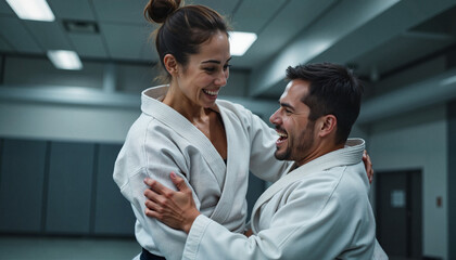 Two martial artists enjoying a joyful moment in a dojo  