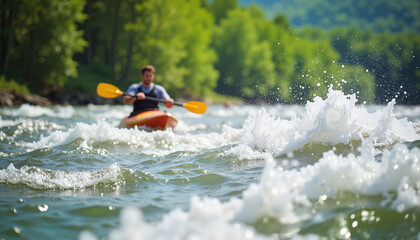 Kayaker navigating whitewater rapids in a scenic river landscape  