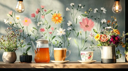   A wooden table is adorned with cups and vases holding a variety of flowers, positioned beside a wall decorated with floral paintings