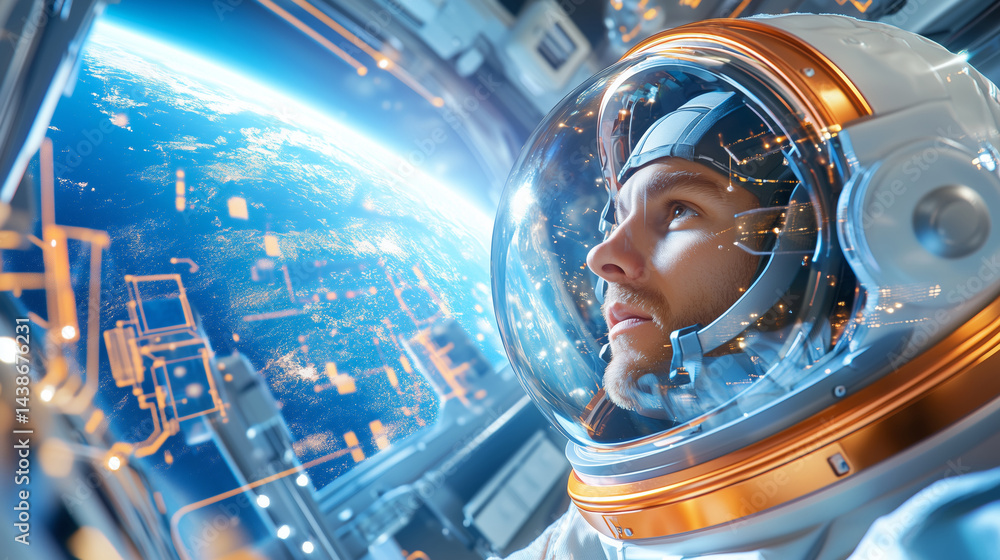 Poster an astronaut in a space suit observes the planet below from inside the spacecraft