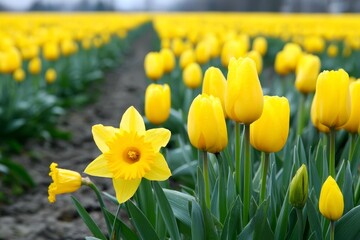 Obraz premium Yellow Tulips and Daffodil Field - A vibrant spring scene featuring a single daffodil amongst rows of blooming yellow tulips. Sunlight illuminates the bright yellow petals