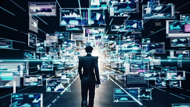 Person in suit walking towards digital screens filled with charts and data, representing analytics