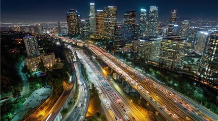 Fototapeta premium Busy city highway with traffic lights and tall skyscrapers at night showing modern urban life and bright skyline