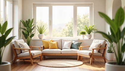Fototapeta premium Cozy living room with plants and natural light 