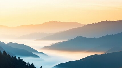 Obraz premium A panoramic image capturing a majestic mountain range in the background with lush trees framing the foreground, and a mysterious fog shrouding the valley below