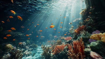Obraz premium Vibrant Underwater Scene Orange Fish Coral Reef Tropical Ocean Sunlight Rays Aquatic Life Beautiful Nature Seascape Underwater World Vivid Colors 