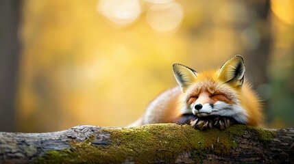 Fototapeta premium Red fox on forest tree branch, head atop mossy log