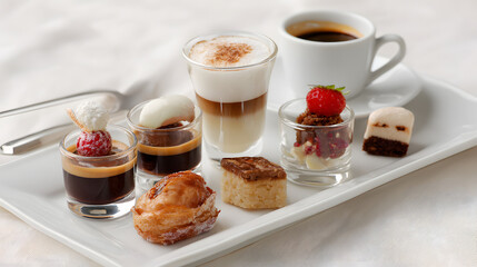 Delightful Assortment of Mini Desserts Served with Coffee at a Cafe Setting