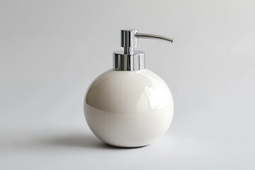 Stylish Round White Soap Dispenser With Chrome Pump On Neutral Background