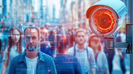 A security camera captures a diverse group of pedestrians in a bustling city. A digital overlay suggests advanced facial recognition technology is in use, enhancing safety and monitoring