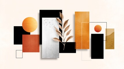 Abstract Geometric Composition with Botanical Element - Stylish abstract art print featuring geometric shapes in warm earth tones and a single dried branch. Ideal for home decor, social media