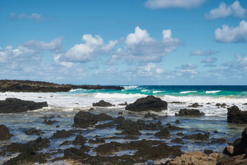 Caleta del Mojon Blanco beach on Atlantic Ocean with volcanic relief, big sharp rocks, big waves in Lanzarote, Spain