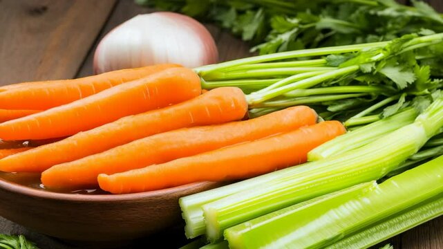 Fresh vegetables including carrots and celery on a wooden tabletop ready for cooking or salad preparation