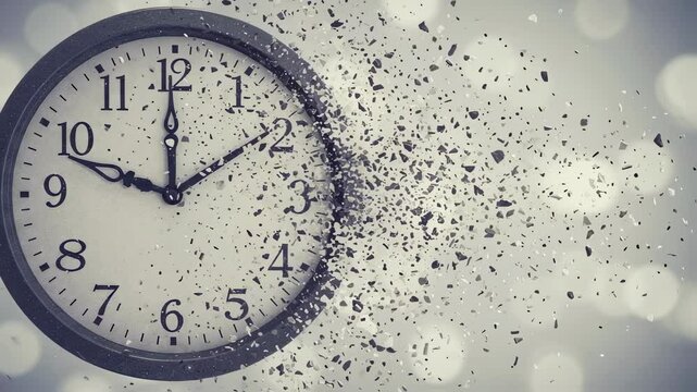 Clock face dissolving into particles. Time passing concept with disappearing watch animation. Abstract background with shattering clock for countdowns or deadline visuals.