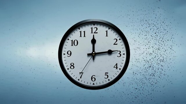 Time passage concept with clock hands moving backward. Disintegrating clock face showing time running out or end of time animation footage for existential themes.