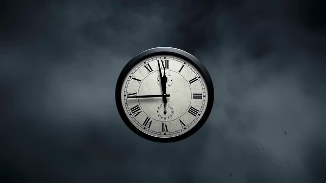 Time is running out metaphor with clock explosion. Broken clock with fragments flying off in darkness as clock strikes midnight. Concept of deadline, time running out, and end of world animation.