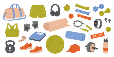 Fitness equipment set. Training collection. Dumbbells, kettlebell, exercise mat, balls, sportswear, headphones, protein bar and other elements. Healthy lifestyle. Sport, gym. Vector flat illustration