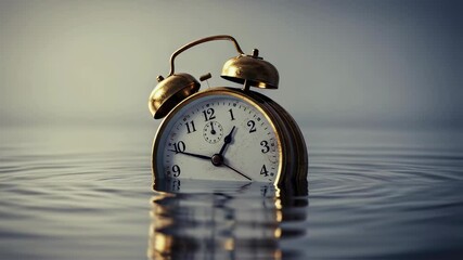 Old alarm clock partially submerged in water, symbolizing the concept of running out of time or time decay. Time running out or time decay animated footage. - Powered by Adobe