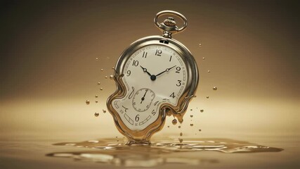 Abstract melting pocket watch on golden background. Flowing liquid gold time concept. Time passing away animation. Illusion and surreality concept video footage. - Powered by Adobe