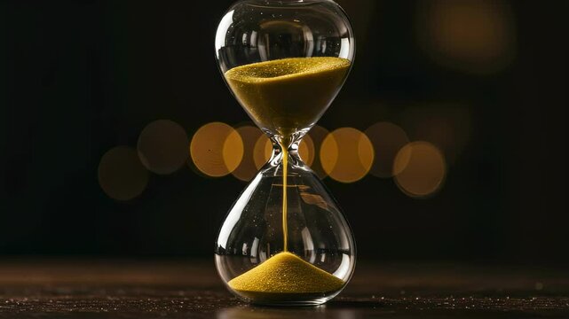 Golden sand pours through glass hourglass on dark background with bokeh lights. Concept of passing time, deadlines, or waiting. Time concept footage with copy space.