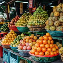 A morning market scene featuring tropical fruits like breadfruit, oranges, and water apples in colorful woven baskets.
