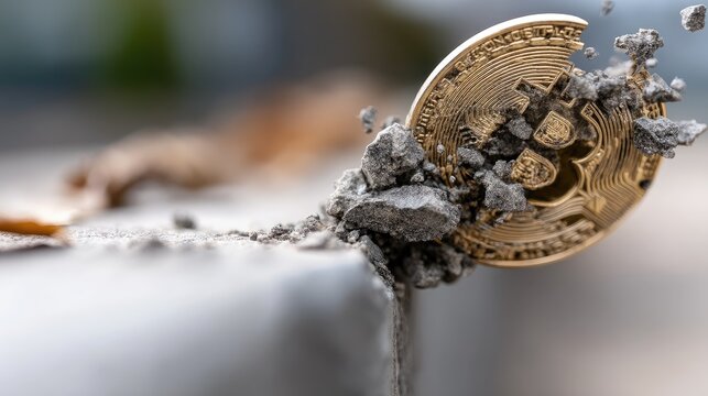 Crypto coin shattering on concrete