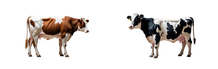 Two cows standing in a dark space one brown and white and one black white