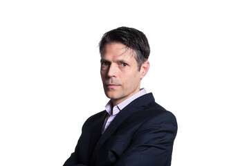 Middle-aged man looking at camera, three-quarter profile, on white background, wearing formal clothes.