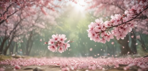Fototapeta premium Soft pink sakura petals descend slowly against a dreamy, out-of-focus spring scene , spring, flower