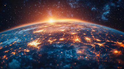 Obraz premium Stunning view of Earth from space, city lights glowing as night falls. Global communication and connectivity