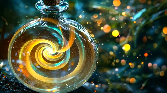 Enchanted potion bottle swirling with magic light