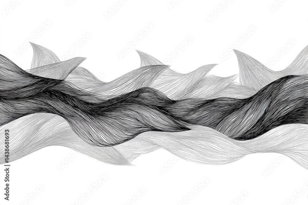 Poster abstract wave sketch: monochrome flow - symbolizing fluidity, movement, rhythm, harmony, and serenit