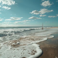 A peaceful beachside scene, with an empty windsurf board resting on the sand while the waves gently roll ashore.