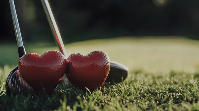 Romantic Golf Scene Two Red Hearts Golf Clubs