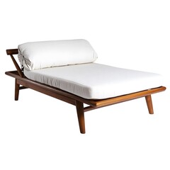 An elegant mid century modern daybed with a white cushion and bolster pillow is centered against a clean white backdrop in a bright studio setting creating a minimalist