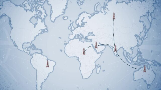 Zoom out animation of a world map with interconnected links from the towers allover the globe in light blue background. Corporate World Map. Global communication.4k 2D animation high quality video  