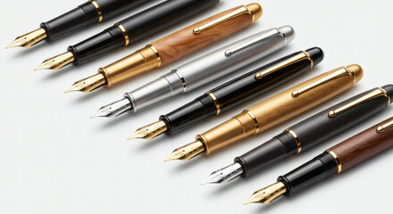 Assorted Luxury Ballpoint Pens Aligned on White Surface