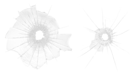 Ultra-realistic cracked glass with two bullet holes on transparent background, dramatic damage texture for action scenes, crime, security, and thriller concepts