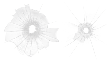 Ultra-realistic cracked glass with two bullet holes on transparent background, dramatic damage texture for action scenes, crime, security, and thriller concepts