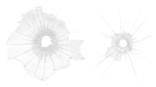 Ultra-realistic cracked glass with two bullet holes on transparent background, dramatic damage texture for action scenes, crime, security, and thriller concepts