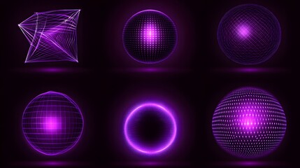 Abstract Purple Glowing Geometric Shapes- Sphere, Cube, and Ring