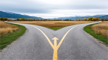 Arrows Diverging Paths: A Choice Ahead - A scenic road splits into two, each marked with an arrow, symbolizing decision, opportunity, uncertainty, direction